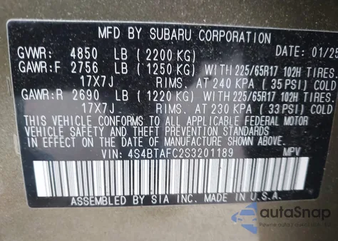2025 Subaru Outback Premium from USA, damaged, VIN 4S4BTAFC2S3201189